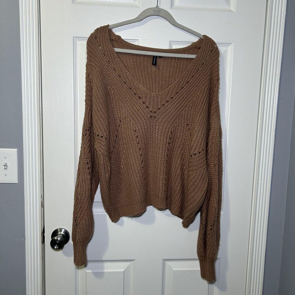 Moon&madison Sweater Women's Medium Brown Chunky Knit V Neck Dolman Sleeve NWOT